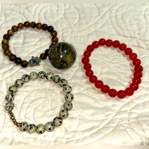 Bundle of 3 crystal/beaded bracelets and a crystal orb